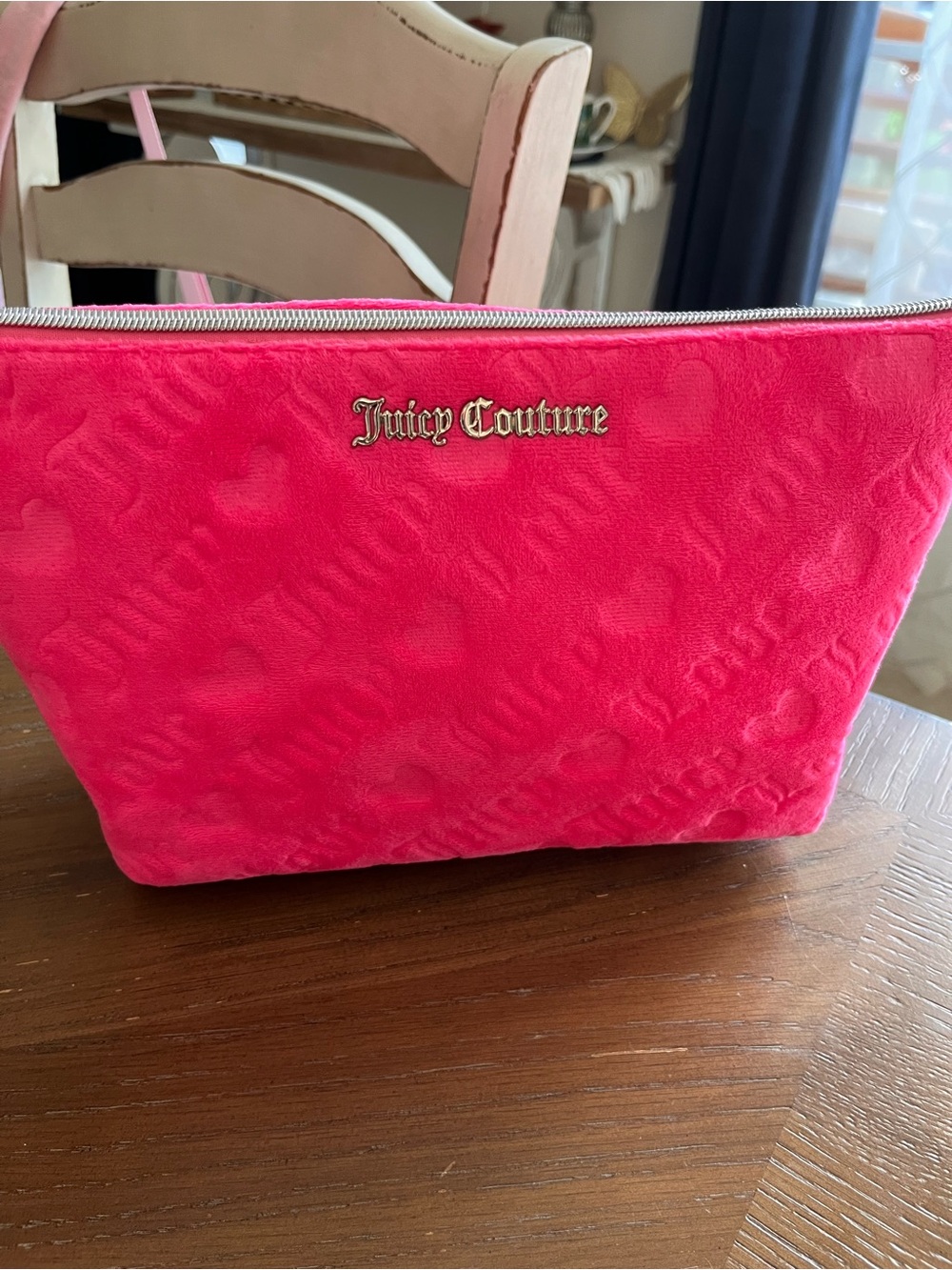 Juicy Couture Hot Pink Velour Makeup Bag Large Wedge Cosmetic Case NWT